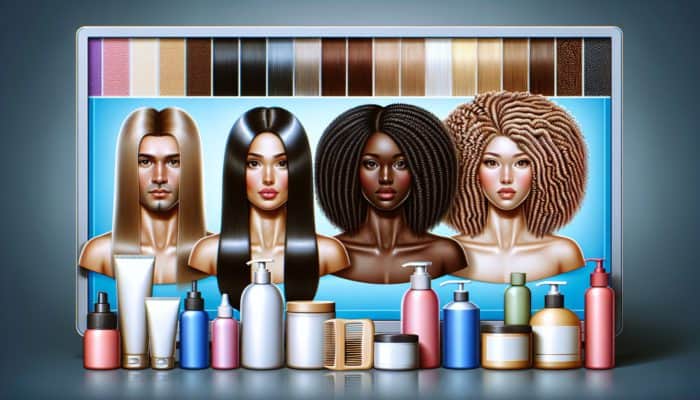 A diverse group showcasing straight, wavy, curly, and coily hair types alongside hair care products.