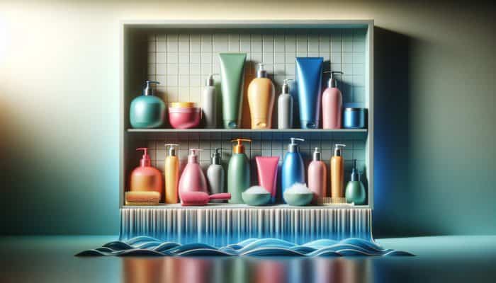 A vibrant selection of moisture-rich hair products displayed on a contemporary bathroom shelf, enhancing hair health.