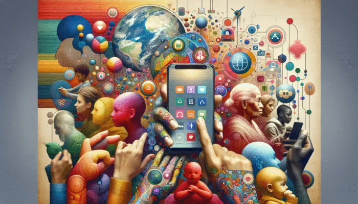 A vibrant mobile interface featuring large text and intuitive navigation, embraced by diverse global users.