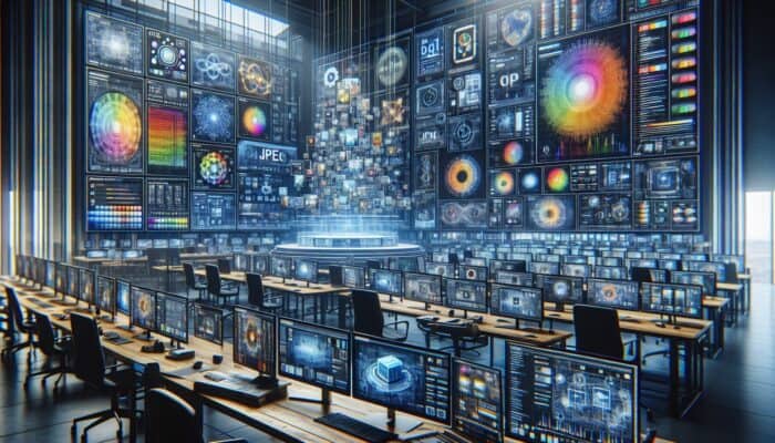 A digital artist's workspace showcasing a comparison of JPEG, PNG, and GIF formats on screens with quality and speed graphs.