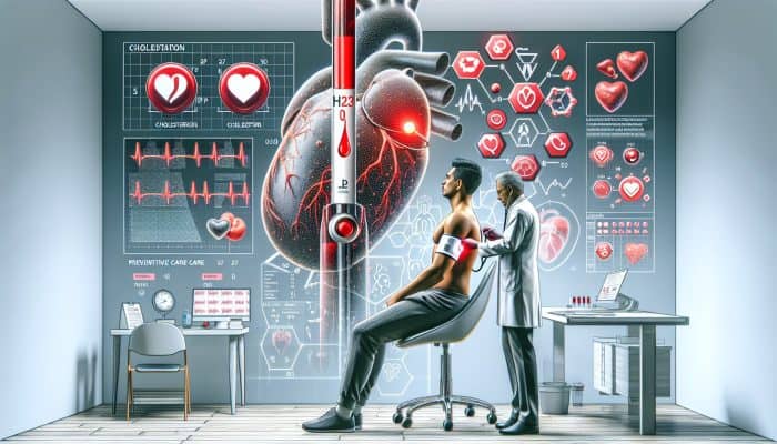 Individual undergoing cholesterol test in a clinical setting, results indicate high levels, immersed in heart health literature.