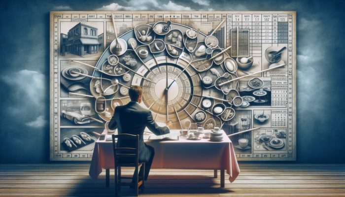 Individual using a calendar and clock to strategically plan restaurant reservations amidst various dining environments.