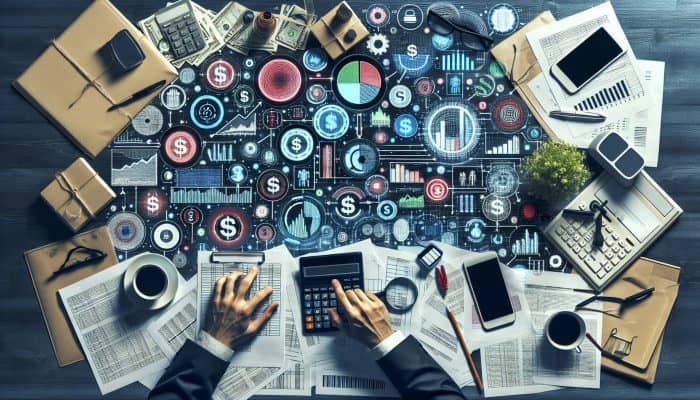 Printable Debt Consolidation Planning Worksheets | DCL A detailed budget chart displaying financial documents, calculators, and graphs illustrating the impact of debt consolidation on a desk.