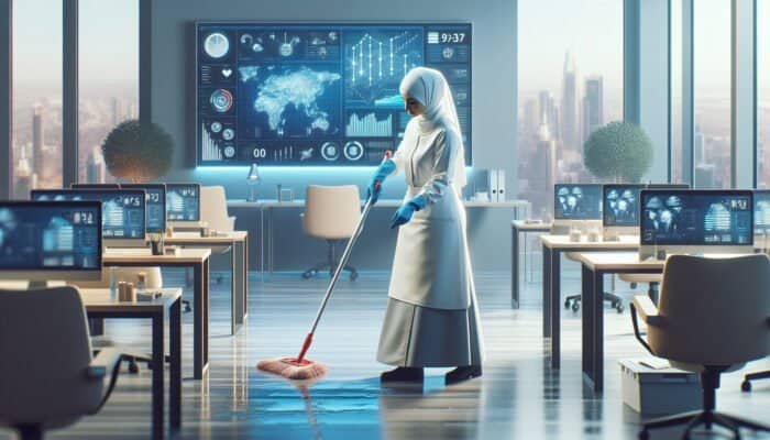 A professional cleaner sanitising a modern office, focusing on hygiene and cleanliness.