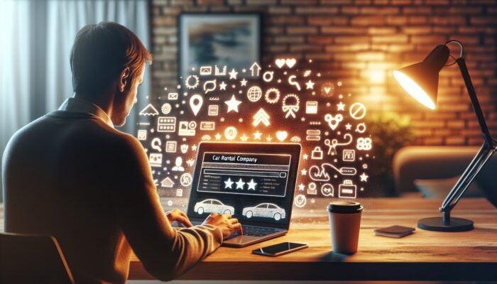 Person reviewing car rental company ratings on laptop in a cosy home office with coffee.