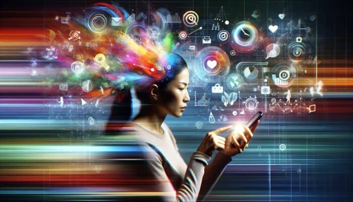 How to Create Content for Supplement Micro-Moments: A person using a smartphone to search for health tips amidst swirling digital elements, illustrating micro-moments.
