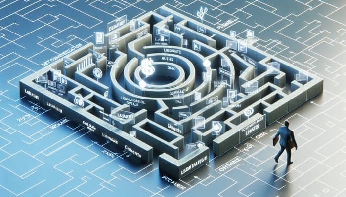 How to Avoid Scams as a Debt Consolidation Beginner: Essential Tips | DCL Navigating a maze of financial paths representing debt consolidation loans.