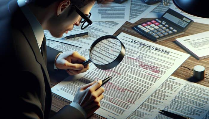 How to Avoid Scams as a Debt Consolidation Beginner: Essential Tips | DCL Person examining Loan Terms and Conditions document with a magnifying glass.