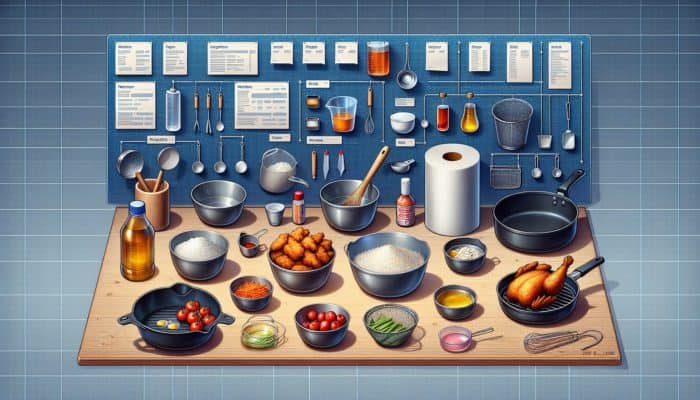 A well-organised kitchen counter with tools and ingredients for spicy Korean fried chicken.