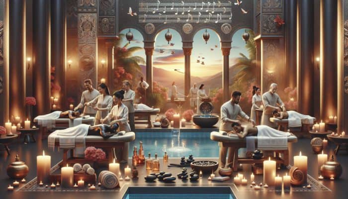 Lavish spa at The Venetian showcasing couples enjoying synchronized massages, private candlelit baths, and hot stone treatments.