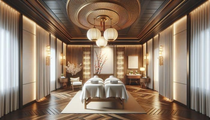 A tranquil couple's massage suite at The Spa at Mandarin Oriental, Las Vegas, featuring elegant decor and Eastern-inspired treatments.