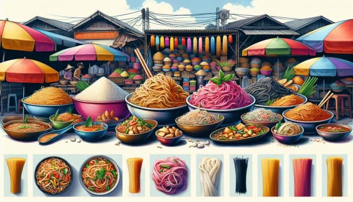 An assortment of colourful Thai noodles and traditional dishes displayed at a market stall.