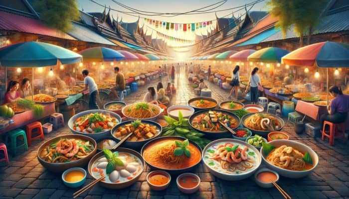 Vibrant Thai street food stalls serving Pad Thai, Khao Soi, and Drunken Noodles to eager diners.