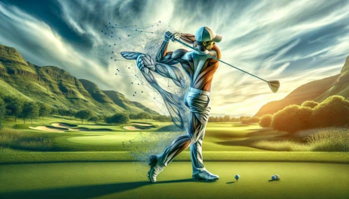 Golfer mid-swing in South Africa, demonstrating engaged core muscles for stability and strength.