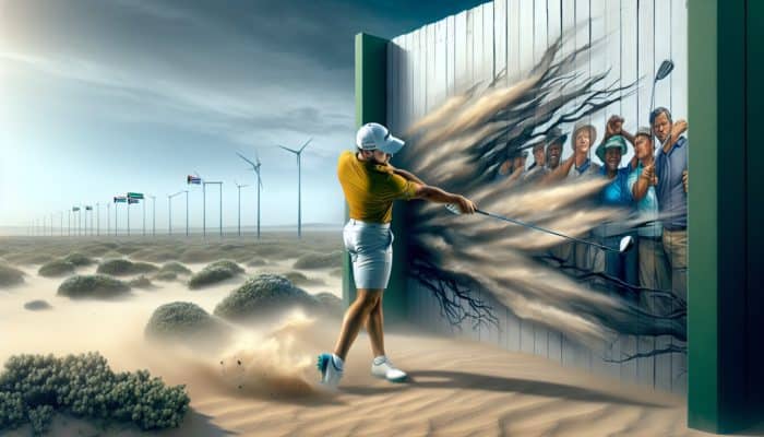 Golfer practicing Reach and Touch Drill, extending arms to touch wall, improving swing in windy conditions.