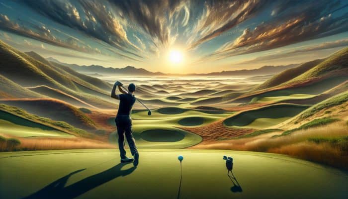 Golfer at Fancourt, South Africa, demonstrating a wide stance on undulating fairways for optimal stability and control.