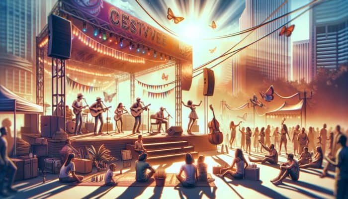 A lively Las Vegas local music festival featuring diverse musicians, families, and art enthusiasts enjoying a sunny, budget-friendly day.