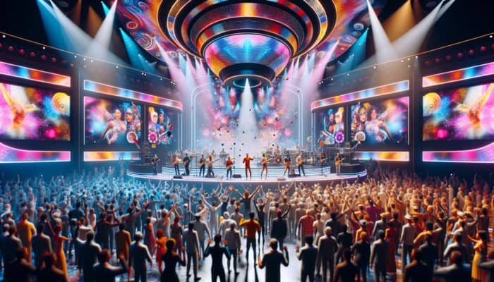A lively charity event infused with Vegas flair, featuring live music, dance, and theatrical displays, all supporting a noble cause.