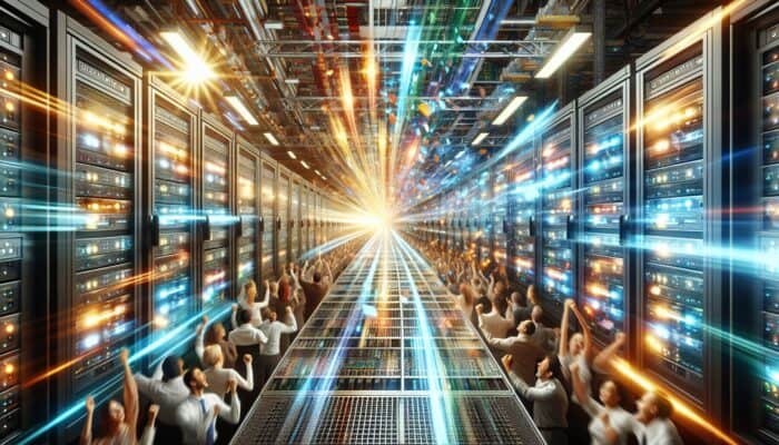 A vivid server room filled with flashing lights and rapid data streams, symbolising speed and efficiency, accompanied by images of satisfied customers celebrating success.
