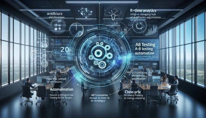 AI-driven marketing hub featuring real-time analytics, optimizing ads and automating tests in a contemporary office setting.