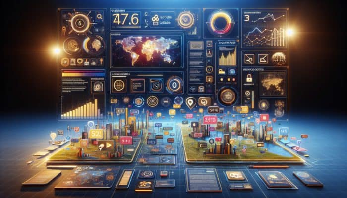 Utilising Dynamic Content for Personalised SEO A vibrant digital interface with personalised content such as reviews, location-specific offers, real-time news, and adaptive images, enhancing user engagement and SEO.