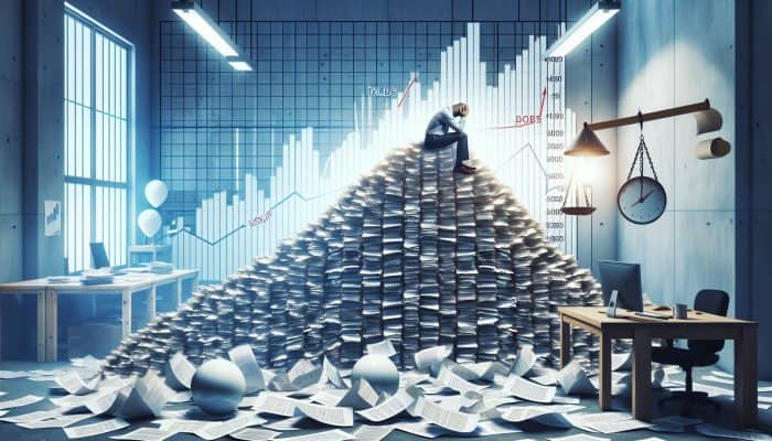 Impact of Rising Rates on Debt Consolidation: An In-depth Analysis | DCL Individual overwhelmed by rising debt, surrounded by bills and a soaring DTI ratio graph in a cluttered office.