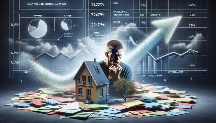 Impact of Rising Rates on Debt Consolidation: An In-depth Analysis | DCL UK homeowner concerned about diminishing home equity amidst rising interest rates, surrounded by debt consolidation documents.