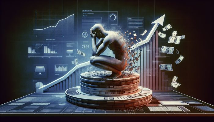 Risks of Cosigning a Debt Consolidation Loan: Key Concerns | DCL A person surrounded by loan documents and a calculator, with a graph showing a rising debt-to-income ratio.