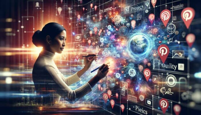 An individual creating a Pinterest video board, surrounded by strategic icons and vibrant pins.