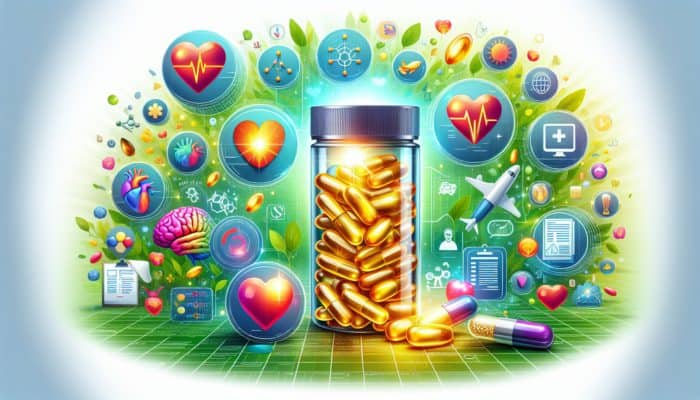 Illustration depicting omega-3 capsules alongside icons representing heart, brain, and anti-inflammatory effects in a vibrant, healthy setting.