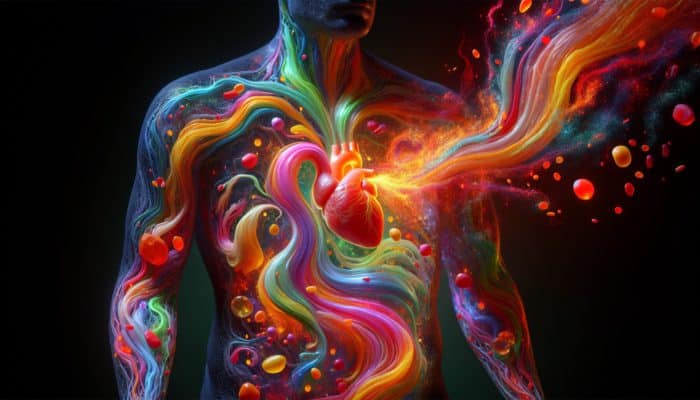 Vibrant streams of omega-3s visibly reducing inflammation in heart, joints, and pancreas within a human silhouette.