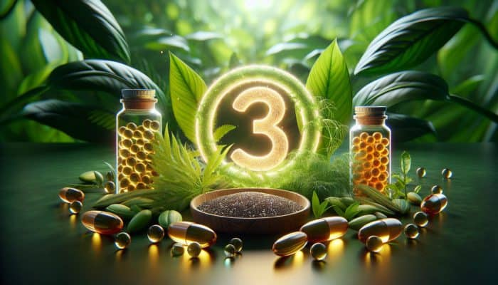 Chia seeds, hemp seeds, and algae oil capsules surrounding the omega-3 symbol on green leaves.
