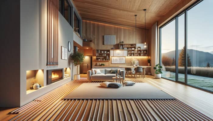 Contemporary home in Langley featuring hydronic radiant floor heating; warm water pipes under a sleek wooden floor heating a cozy minimalist living room.