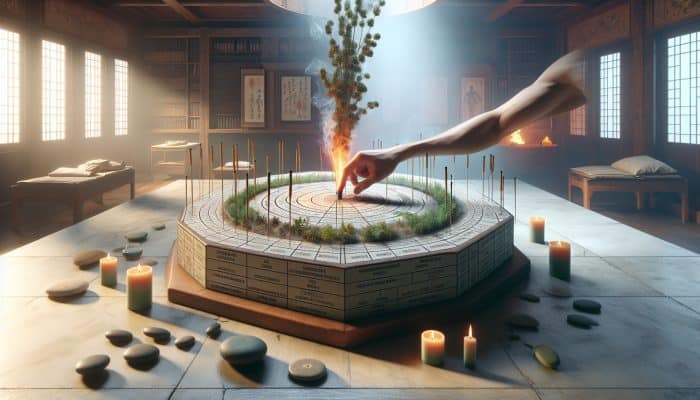 Moxibustion for Emotional Balance: An ancient Chinese moxibustion session with mugwort burning near the skin in a serene UK therapy room.
