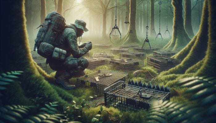 Person in rugged gear inspecting and repairing animal traps in a misty forest for humane operation.