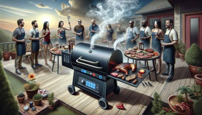 A modern pellet grill on a patio, surrounded by enthusiasts, emitting smoke, with meats and a digital temperature display.