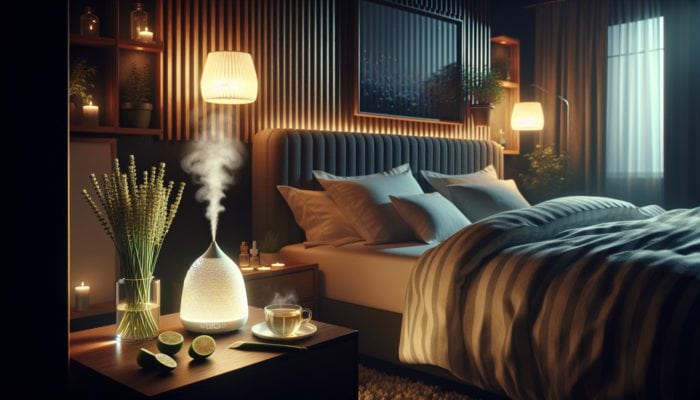 A serene bedroom at night with lemongrass tea, diffuser, and a person asleep on a lemongrass-infused pillow.
