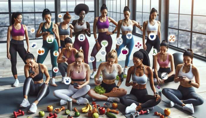 Diverse women using budget-friendly fitness apps on smartphones in various workout settings.
