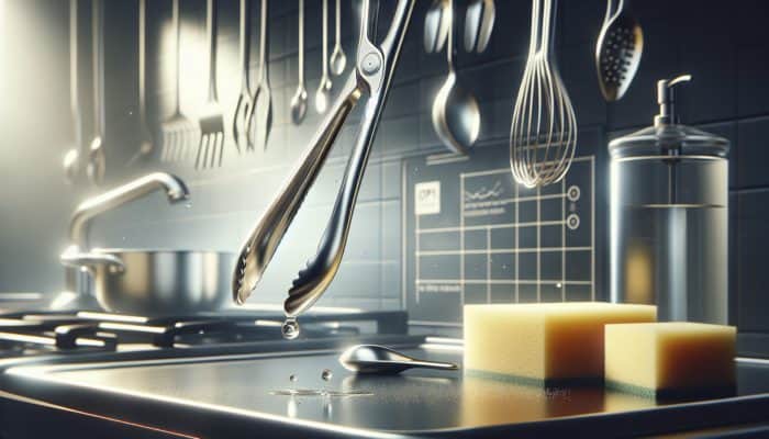 Stainless steel tongs hanging in a kitchen, symbolizing care and maintenance for longevity.