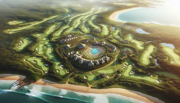 Aerial view of San Lameer Country Club in the late 1980s, showcasing golf courses and coastal beauty.