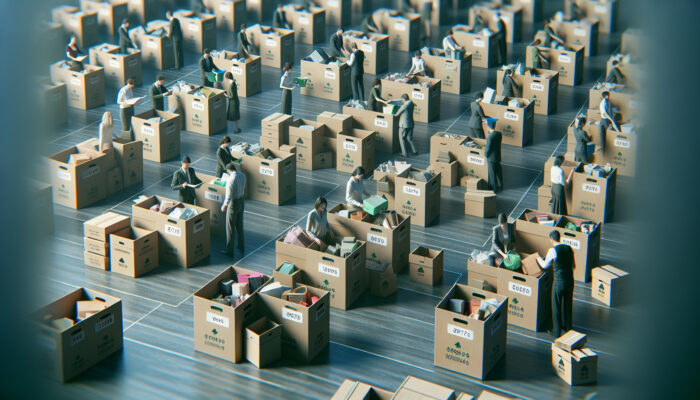 Professionals sorting personal items into labelled boxes, recycling, symbolising fresh start and emotional relief in a serene room during house clearance.