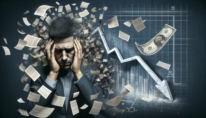 How to Consolidate Debt Without a Loan: UK Strategies | DCL Individual stressed by rising debt, surrounded by financial documents, with a damaged credit score graph in the background.