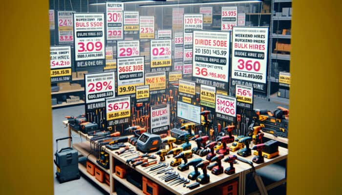 Tool Rental Discounts for House Clearance: A vibrant selection of power tools on a workbench adorned with discount labels and promotional banners in a bustling tool rental store.