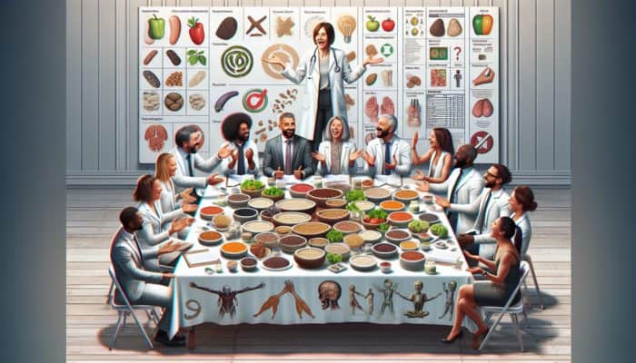 A table with tofu, lentils, quinoa, and nutrition experts discussing, surrounded by charts and graphs.