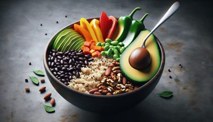 A vibrant bowl featuring brown rice, black beans, bell peppers, avocado, and nuts, exemplifying a balanced, nutrient-rich meal.