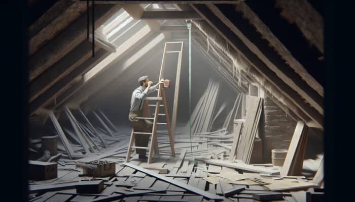 Advanced Techniques for UK Loft Clearance: A person measuring a dusty, cramped loft, checking eaves, nooks, leaks, and using a ladder for access.