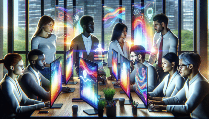 A digital marketing team scrutinising SEO data on screens in a contemporary office, concentrating on strategic content optimisation.
