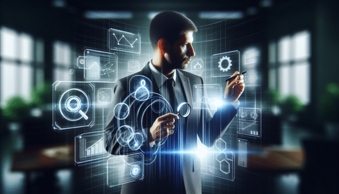 A digital marketer in a futuristic office, utilising screens to strategise content based on user intent, following Neil Patel's approach.