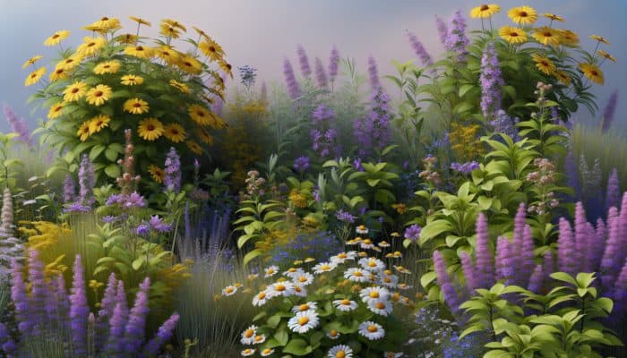 How Herbs Help With Depression: A serene garden featuring St. John's Wort, lavender, and chamomile, symbolising natural relief from depression.