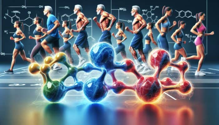 Illustration of leucine, isoleucine, and valine aiding muscle growth in aging fitness enthusiasts.